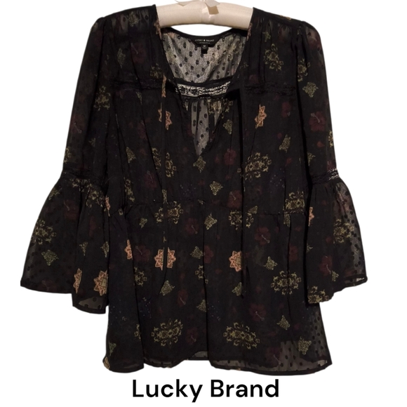 Lucky Brand Tops - Lucky Brand Black Sheer Textured Boho Blouse with Bell Sleeves and Lace Inserts